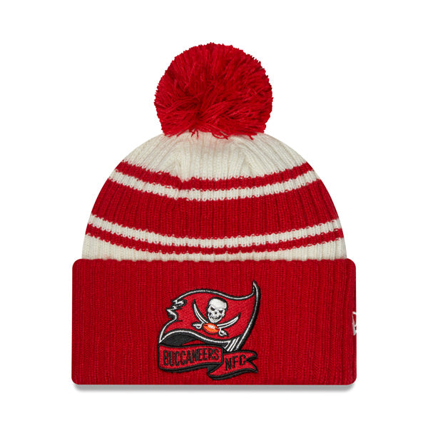 Tampa Bay Buccaneers New Era 2022 Sideline Sport Cuffed Pom Knit Hat - Cream/Red