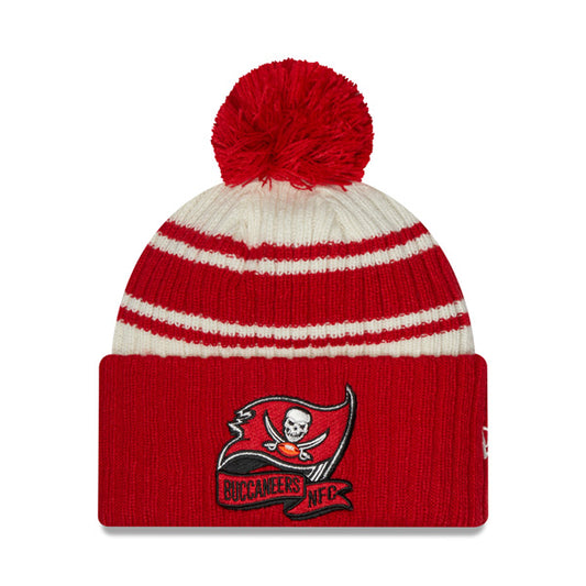 Tampa Bay Buccaneers New Era 2022 Sideline Sport Cuffed Pom Knit Hat - Cream/Red