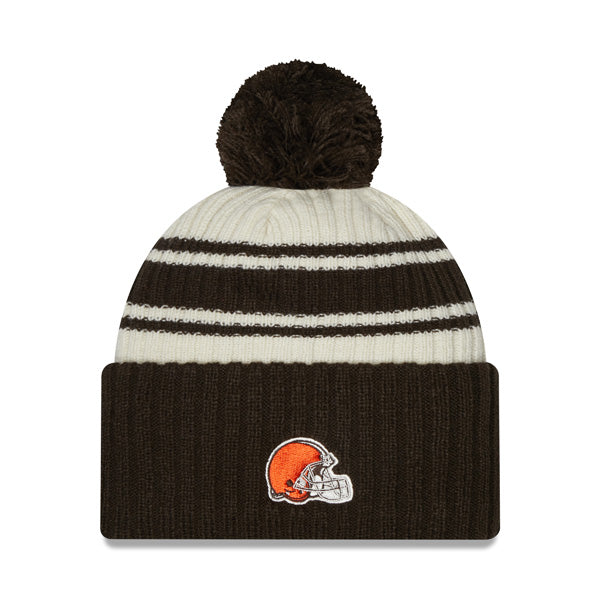 Cleveland Browns New Era 2022 Sideline Sport Cuffed Pom Knit Hat - Cream/Brown