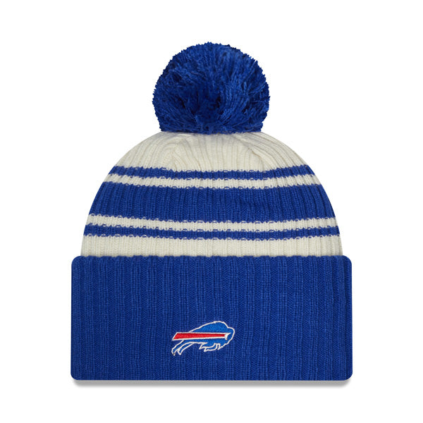 Buffalo Bills New Era 2022 Sideline Sport Cuffed Pom Knit Hat - Cream/Royal