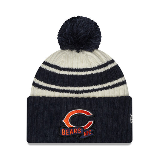 Chicago Bears New Era 2022 Sideline Sport Cuffed Pom Knit Hat - Cream/Navy