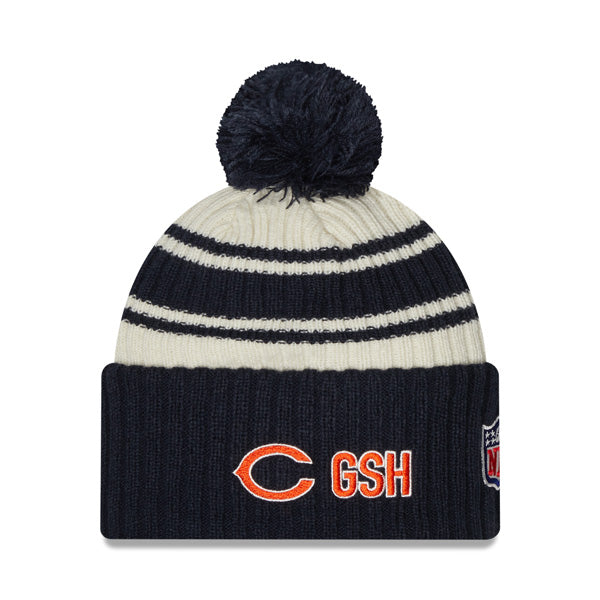 Chicago Bears New Era 2022 Sideline Sport Cuffed Pom Knit Hat - Cream/Navy