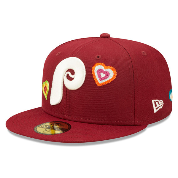 Philadelphia Phillies CHAINED HEARTS Exclusive New Era Fitted 59Fifty MLB Hat -Maroon/Pink