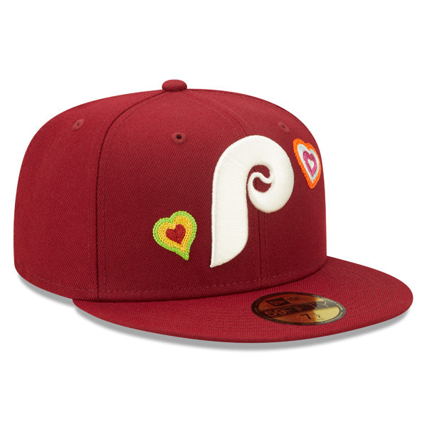 Philadelphia Phillies CHAINED HEARTS Exclusive New Era Fitted 59Fifty MLB Hat -Maroon/Pink