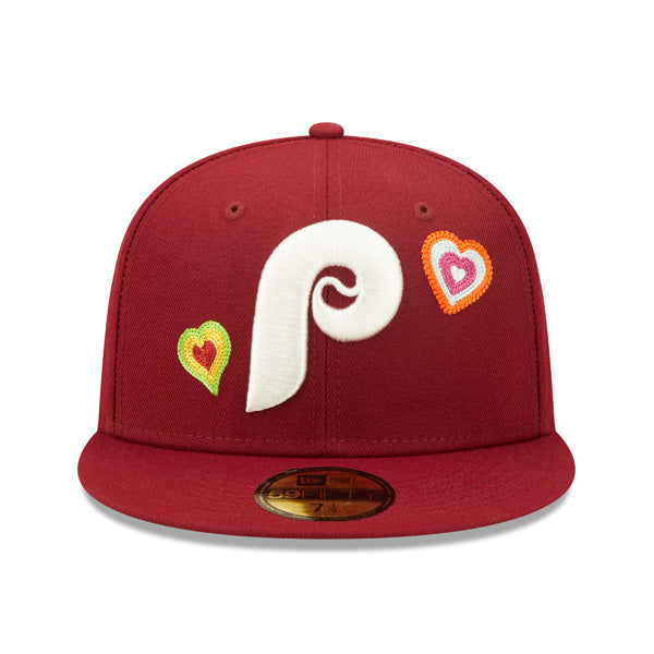 Philadelphia Phillies CHAINED HEARTS Exclusive New Era Fitted 59Fifty MLB Hat -Maroon/Pink