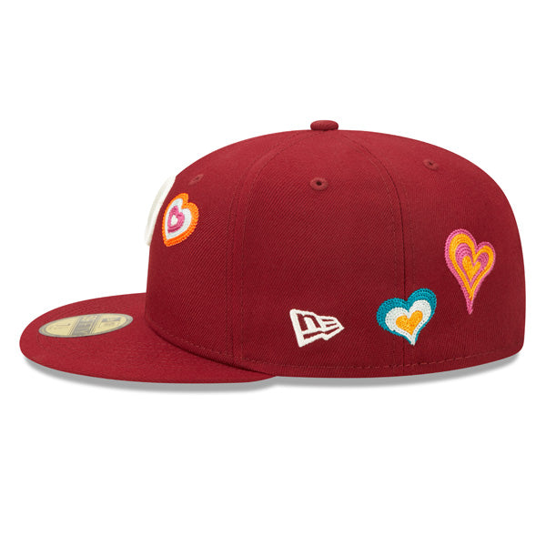 Philadelphia Phillies CHAINED HEARTS Exclusive New Era Fitted 59Fifty MLB Hat -Maroon/Pink