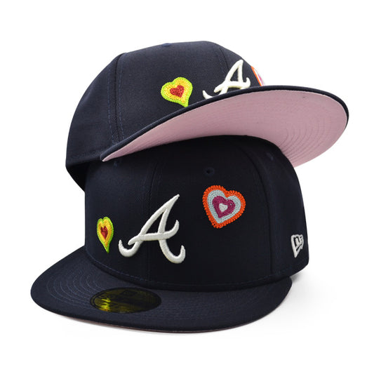 Atlanta Braves CHAINED HEARTS Exclusive New Era Fitted 59Fifty MLB Hat -Navy/Pink