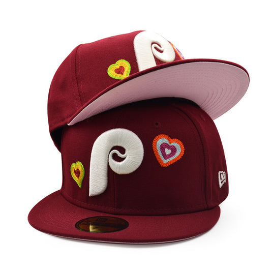 Philadelphia Phillies CHAINED HEARTS Exclusive New Era Fitted 59Fifty MLB Hat -Maroon/Pink