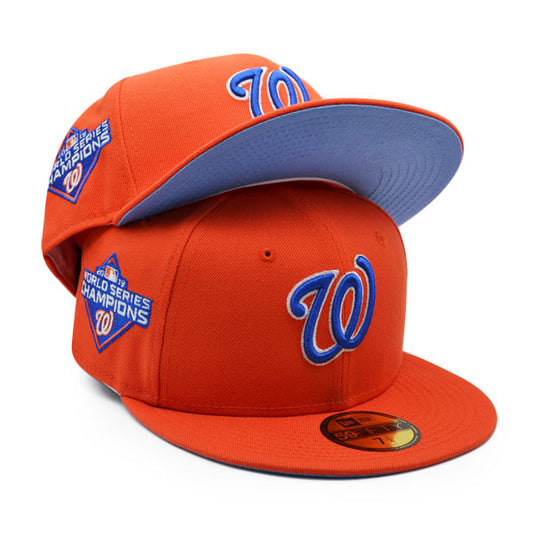 Washington Nationals 2019 WORLD SERIES CHAMPIONS Exclusive New Era GLOW 59Fifty Fitted Hat - Orange/Royal/Sky Bottom