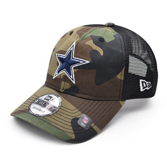 Dallas Cowboys New Era NFL CAMO TRUCKER Mesh 9Twenty Snapback Hat - Woodland Camo