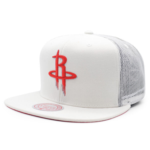 Houston Rockets NBA Mitchell & Ness COOL DOWN Trucker Mesh Snapback Hat - White/Red