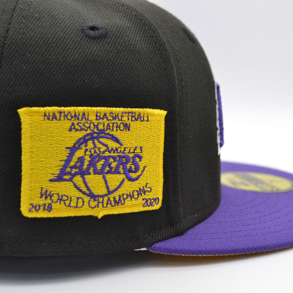 Los Angeles Lakers 2020 NBA WORLD CHAMPIONS Exclusive New Era 59Fifty Fitted Hat - Black/Purple/Yellow Bottom