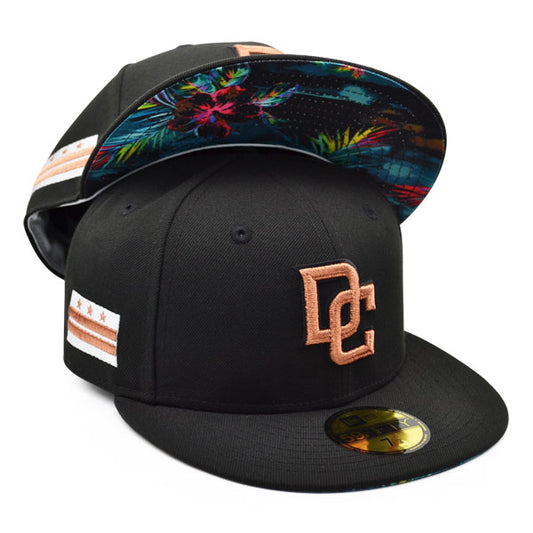 Washington Nationals DC CITY FLAG Exclusive New Era 59Fifty Fitted Hat - Black/Copper/Floral Bottom