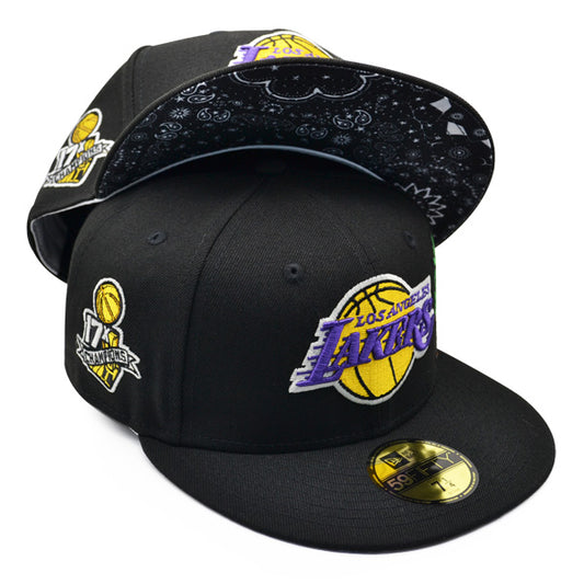 Los Angeles Lakers 17 Time NBA CHAMPIONS Exclusive New Era 59Fifty Fitted Hat - Black/Paisley Bottom