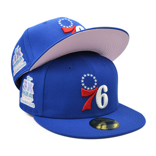 Philadelphia 76ers 3-TIME NBA CHAMPIONS New Era  EXCLUSIVE 59Fifty Fitted Hat - Royal/Pink Bottom