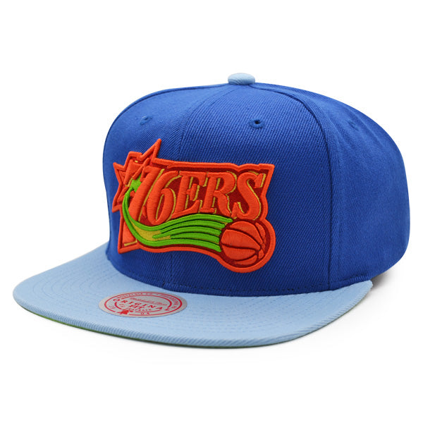 Philadelphia 76ers Mitchell & Ness WEATHER MAN Snapback Hat - Blue/Sky/Orange/Lime