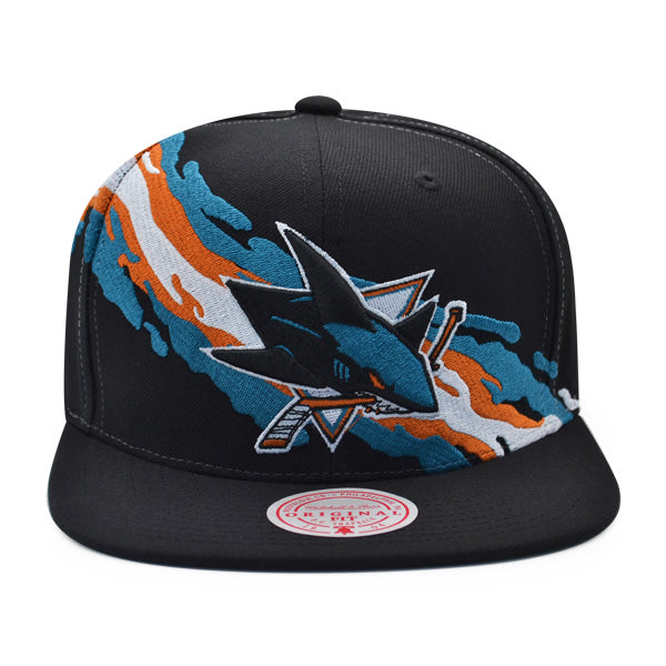 San Jose Sharks NHL Mitchell & Ness VINTAGE PAINTBRUSH Snapback Hat - Black/Teal/Orange