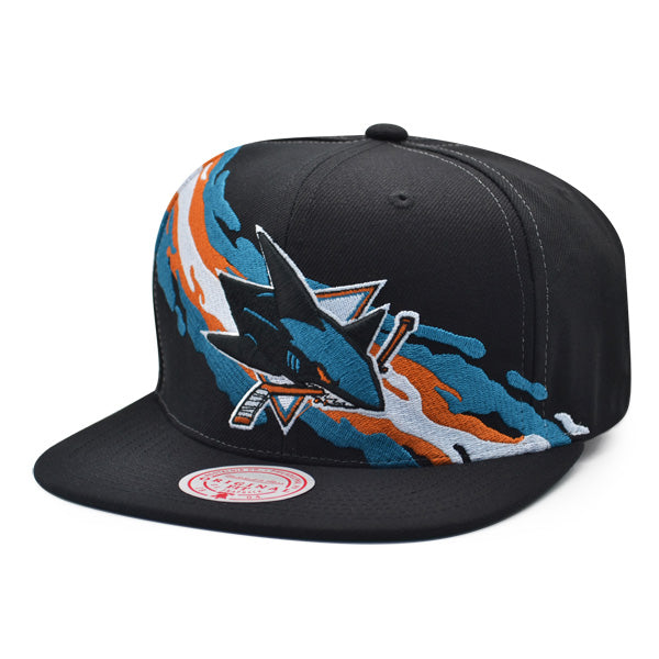 San Jose Sharks NHL Mitchell & Ness VINTAGE PAINTBRUSH Snapback Hat - Black/Teal/Orange