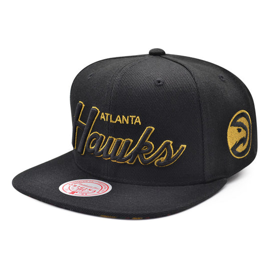 Atlanta Hawks Mitchell & Ness BHM Script Snapback Hat - Black/Metallic Gold