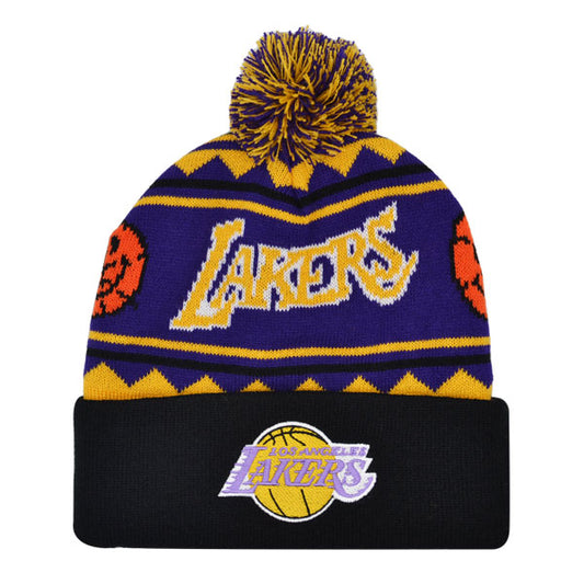 Los Angeles Lakers Mitchell & Ness ISLAND Cuffed Pom Beanie Knit NBA Hat - Purple/Yellow/Black