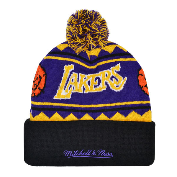Los Angeles Lakers Mitchell & Ness ISLAND Cuffed Pom Beanie Knit NBA Hat - Purple/Yellow/Black