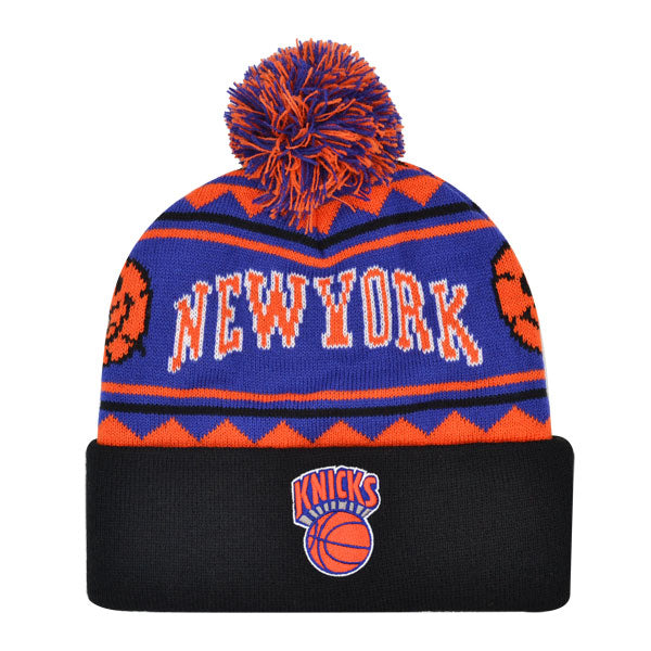 New York Knicks Mitchell & Ness ISLAND Cuffed Pom Beanie Knit NBA Hat - Royal/Orange/Black