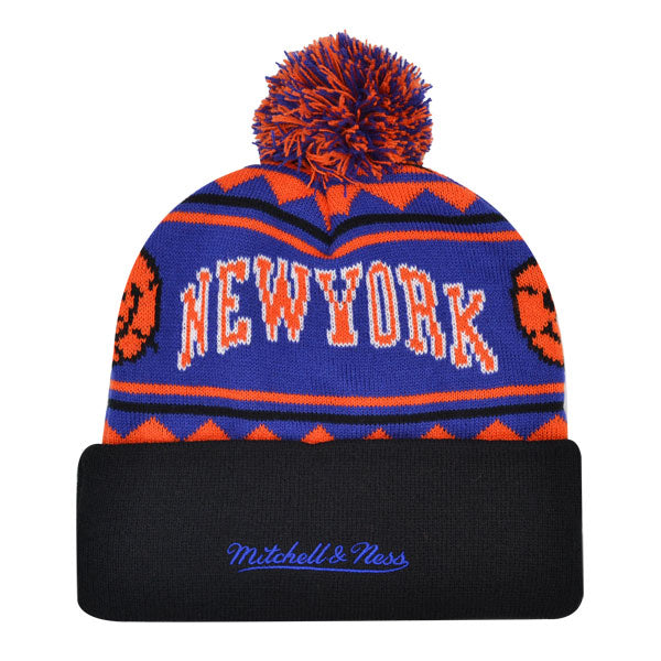 New York Knicks Mitchell & Ness ISLAND Cuffed Pom Beanie Knit NBA Hat - Royal/Orange/Black