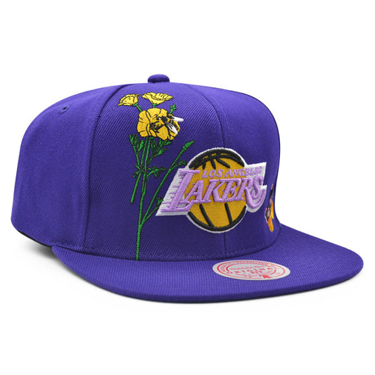 Los Angeles Lakers Mitchell & Ness FLOWER TIME Snapback NBA Hat - Purple/Yellow