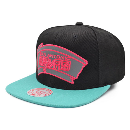 San Antonio Spurs Mitchell & Ness NBA REFLECTIVE TIME Snapback Hat - Black/Teal/Pink