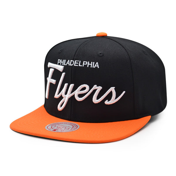Philadelphia Flyers Mitchell & Ness NHL VINTAGE SCRIPT Snapback Adjustable Hat - Black/Orange