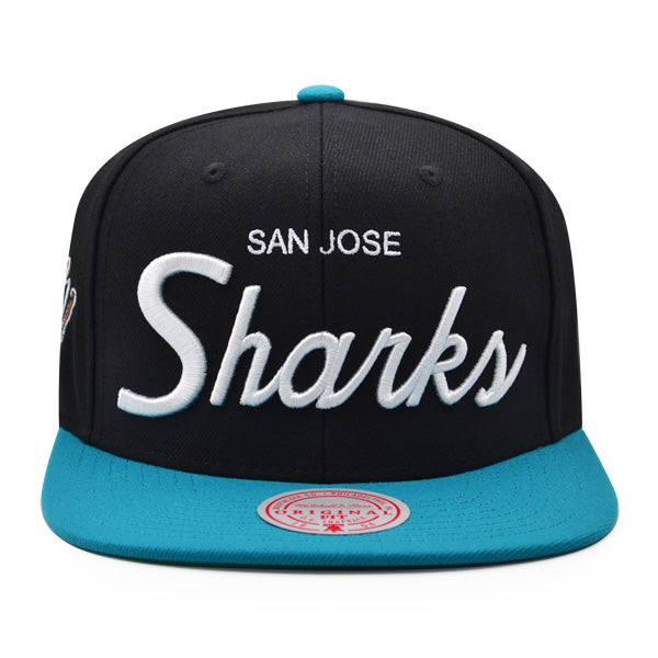 San Jose Sharks Mitchell & Ness NHL VINTAGE SCRIPT Snapback Adjustable Hat - Black/Teal