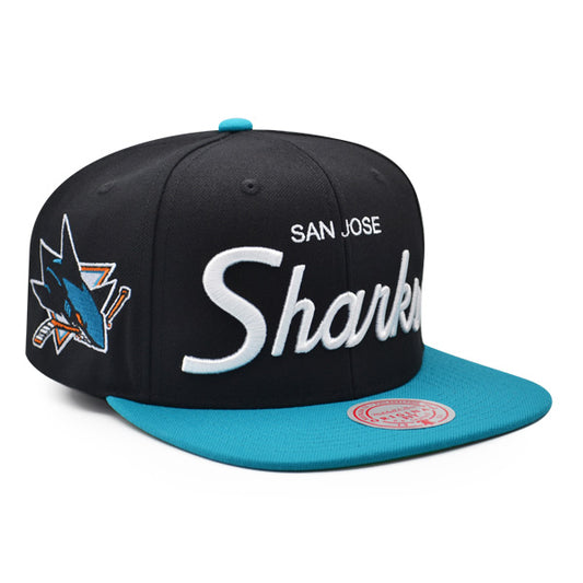 San Jose Sharks Mitchell & Ness NHL VINTAGE SCRIPT Snapback Adjustable Hat - Black/Teal