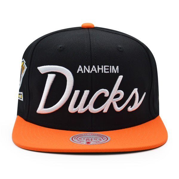 Anaheim Ducks Mitchell & Ness NHL VINTAGE SCRIPT Snapback Adjustable Hat - Black/Orange