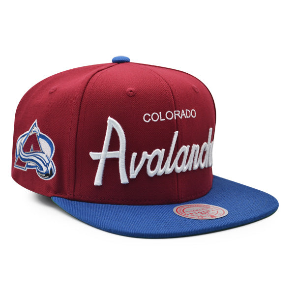 Colorado Avalanche Mitchell & Ness NHL VINTAGE SCRIPT Snapback Adjustable Hat - Maroon/Blue