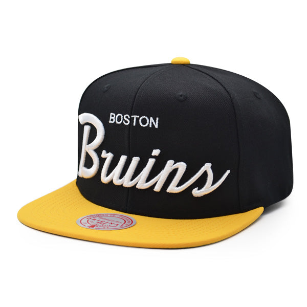 Boston Bruins Mitchell & Ness NHL VINTAGE SCRIPT Snapback Adjustable Hat -Black/Yellow