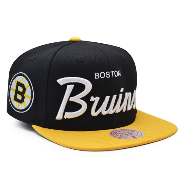 Boston Bruins Mitchell & Ness NHL VINTAGE SCRIPT Snapback Adjustable Hat -Black/Yellow