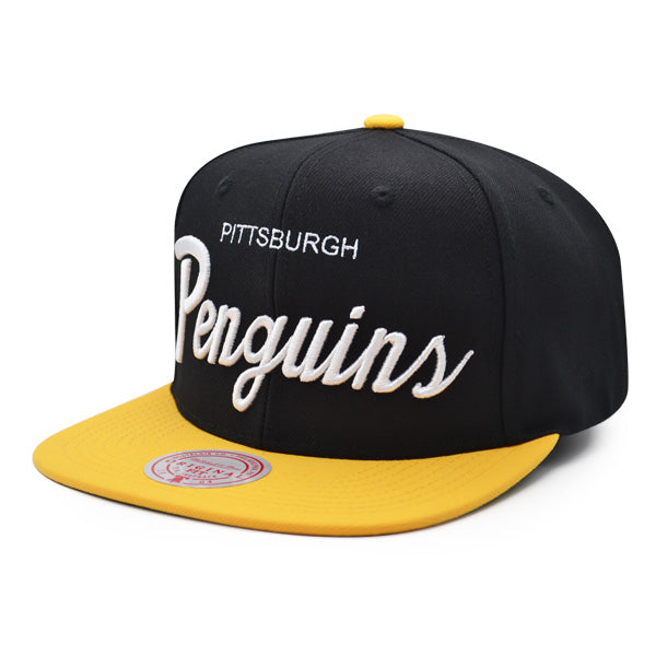 Pittsburgh Penguins Mitchell & Ness NHL VINTAGE SCRIPT Snapback Adjustable Hat -Black/Yellow