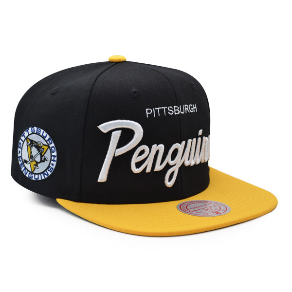 Pittsburgh Penguins Mitchell & Ness NHL VINTAGE SCRIPT Snapback Adjustable Hat -Black/Yellow