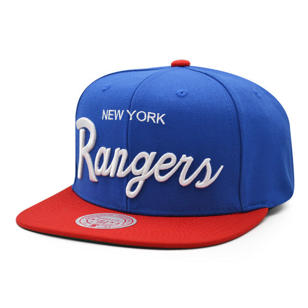 New York Rangers Mitchell & Ness NHL VINTAGE SCRIPT Snapback Adjustable Hat -Royal/Red