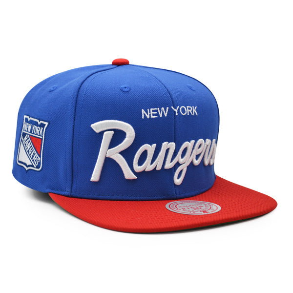 New York Rangers Mitchell & Ness NHL VINTAGE SCRIPT Snapback Adjustable Hat -Royal/Red