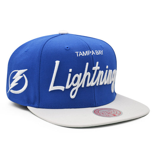 Tampa Bay Lightning Mitchell & Ness NHL VINTAGE SCRIPT Snapback Adjustable Hat -Royal/White