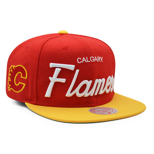 Calgary Flames Mitchell & Ness NHL VINTAGE SCRIPT Snapback Adjustable Hat -Red/Yellow