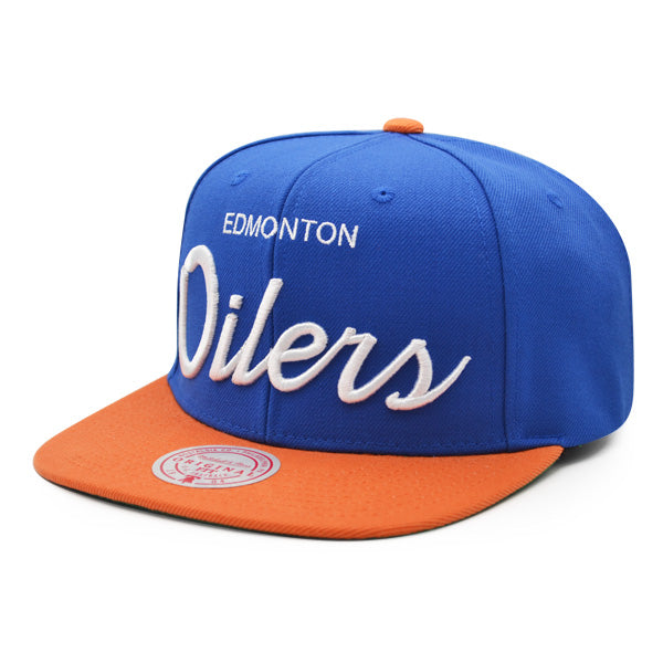 Edmonton Oilers Mitchell & Ness NHL VINTAGE SCRIPT Snapback Adjustable Hat -Royal/Orange