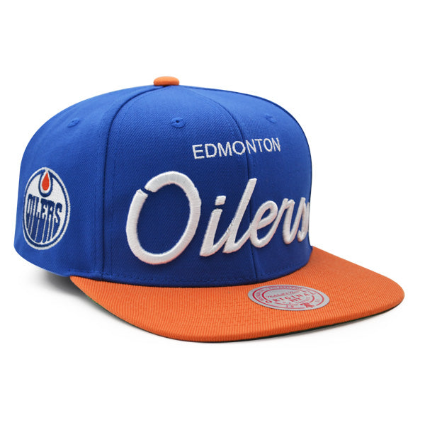 Edmonton Oilers Mitchell & Ness NHL VINTAGE SCRIPT Snapback Adjustable Hat -Royal/Orange