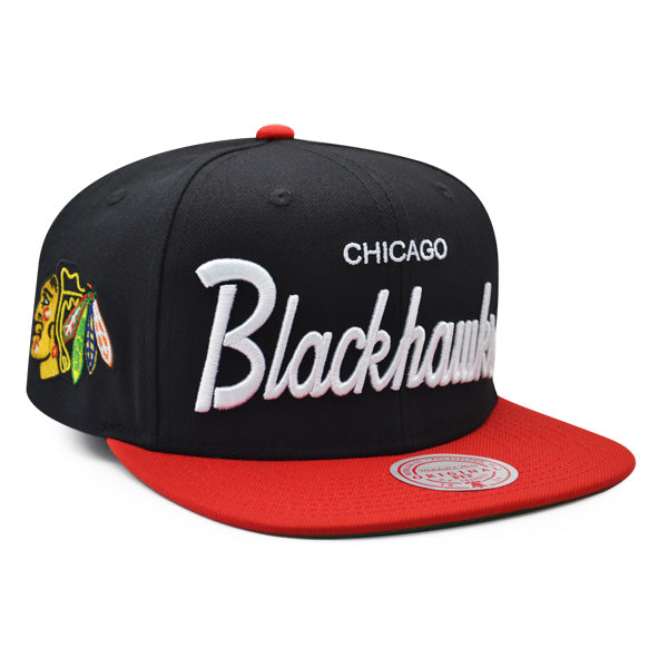 Chicago Blackhawks Mitchell & Ness NHL VINTAGE SCRIPT Snapback Adjustable Hat -Black/Red
