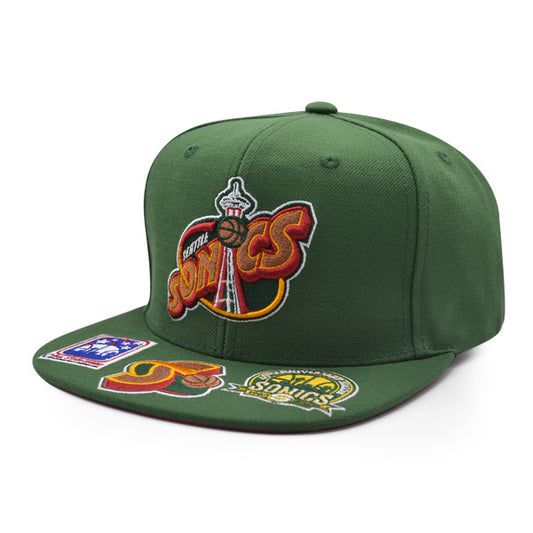 Seattle Supersonics Mitchell & Ness NBA FRONT LOADED Snapback Hat- Green/Red