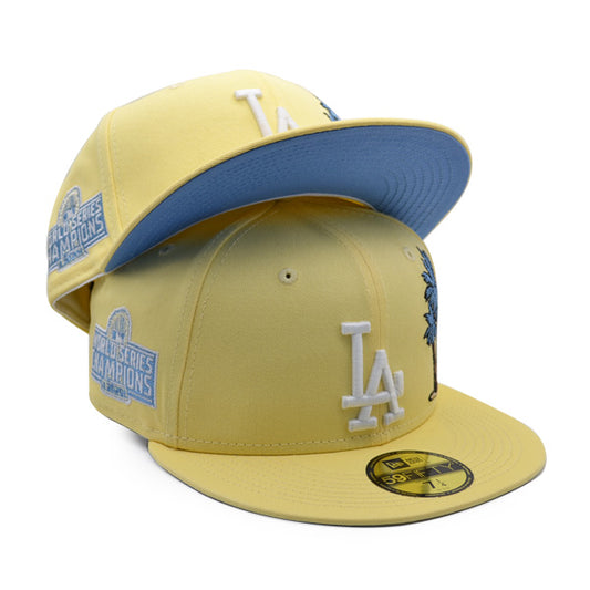 Los Angeles Dodgers 2020 WORLD SERIES Exclusive New Era 59Fifty Fitted Hat – Yellow/Sky Bottom