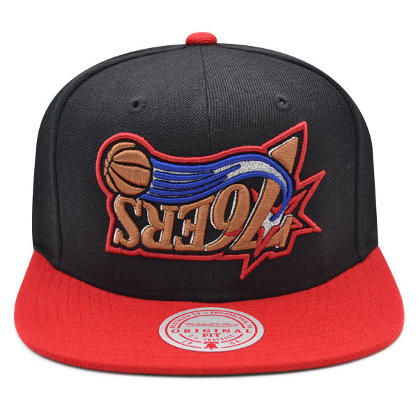 Philadelphia 76ers Mitchell & Ness NBA UPSIDE DOWN Snapback Hat - Black/Red/Gold