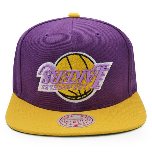 Los Angeles Lakers Mitchell & Ness NBA UPSIDE DOWN Snapback Hat - Purple/Yellow