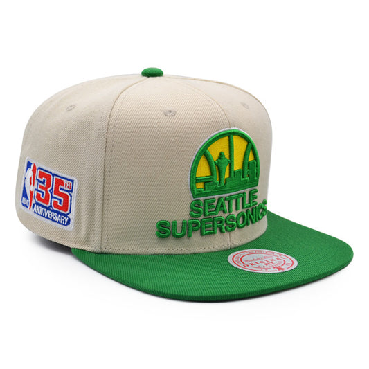 Seattle Supersonics 35th Anniversary Mitchell & Ness Snapback Hat - Off White/Green